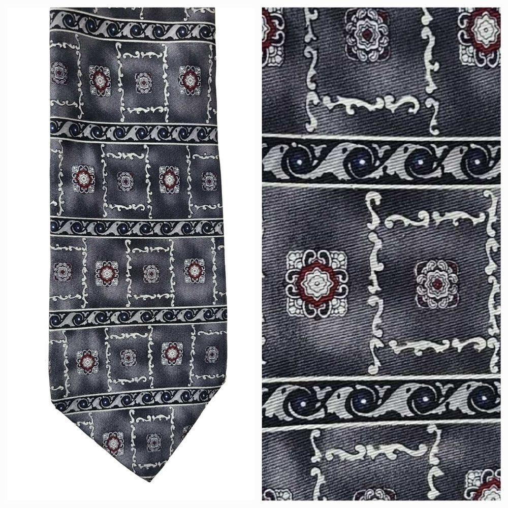 Vtg Luxe Men's Medallion 100% Silk Tie Smoke Gray Luxury Necktie Stafford Formal